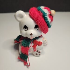 90s Christmas Bear Ornament Candy Cane Kitschy Figurine Knit Hat Scarf Ceramic